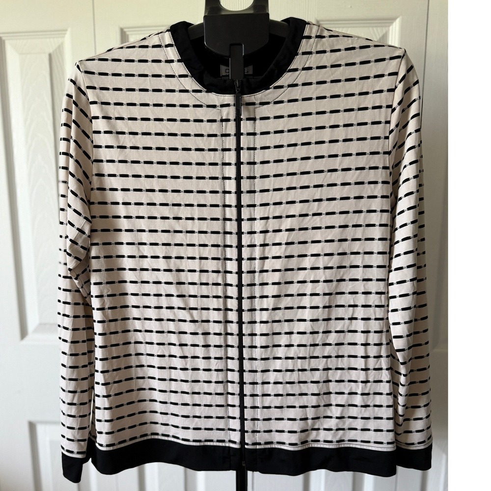 Chicos Travelers Womens‎ Black Cream Striped Zip Front Jacket Size 1 Made in USA